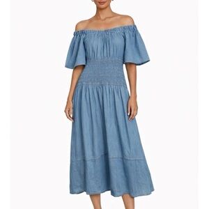 MISA LOS ANGELES Off-Shoulder Chambray Midi Dress in Light Blue - XS